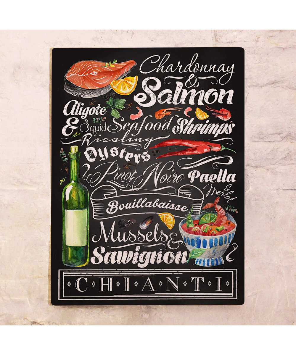 Placa metálica para bar Vino y mariscos