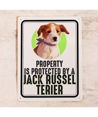 Cartel metálico con el perro - Propiedad está protegida por un Jack Russel Terier