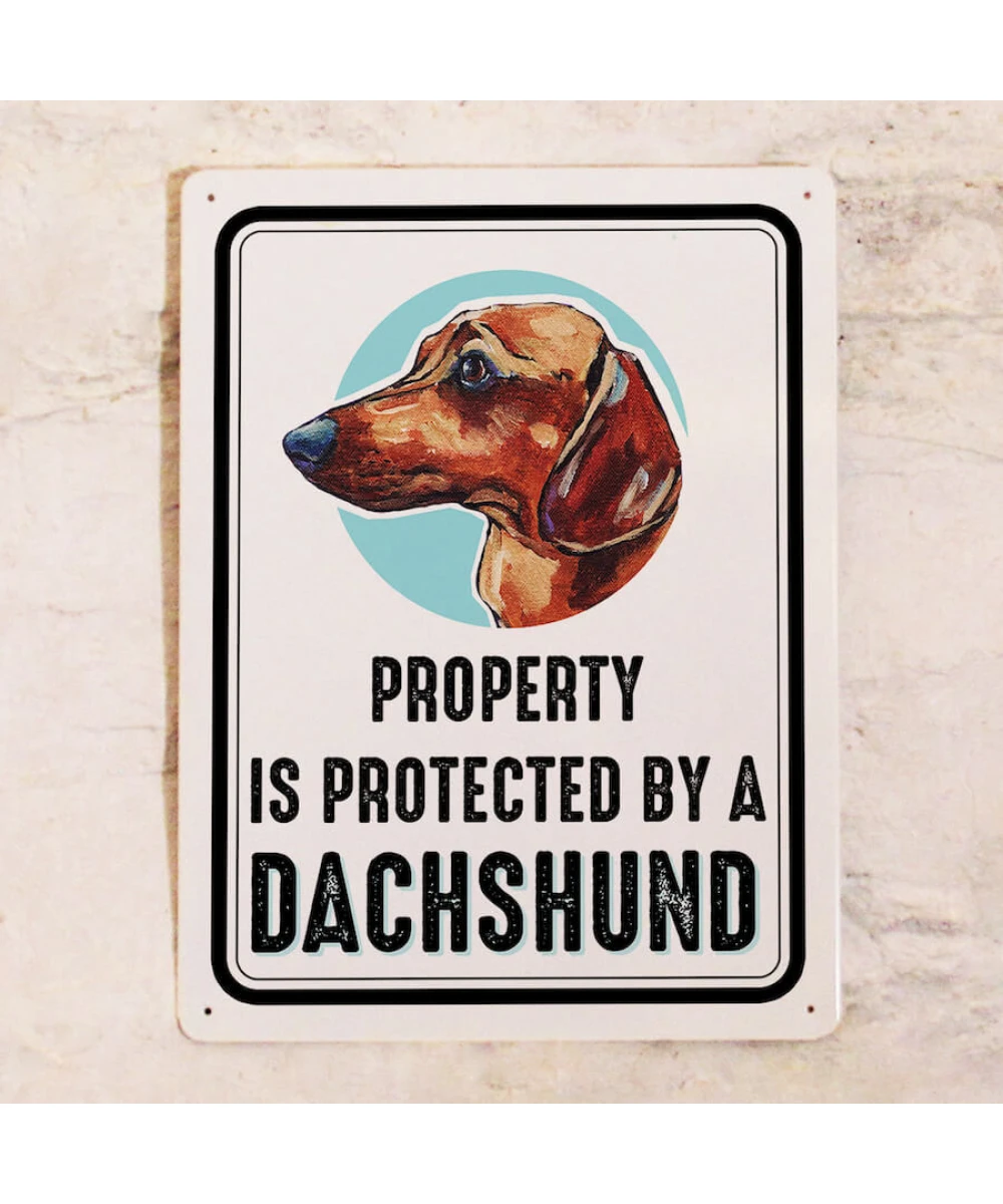 Cartel metálico con el perro - Propiedad está protegida por un Teckel